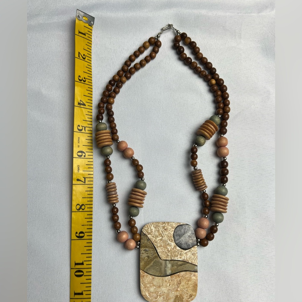 Wood & Metal Double Strand Necklace with Acrylic & Stone Pendant - Picture 6 of 8